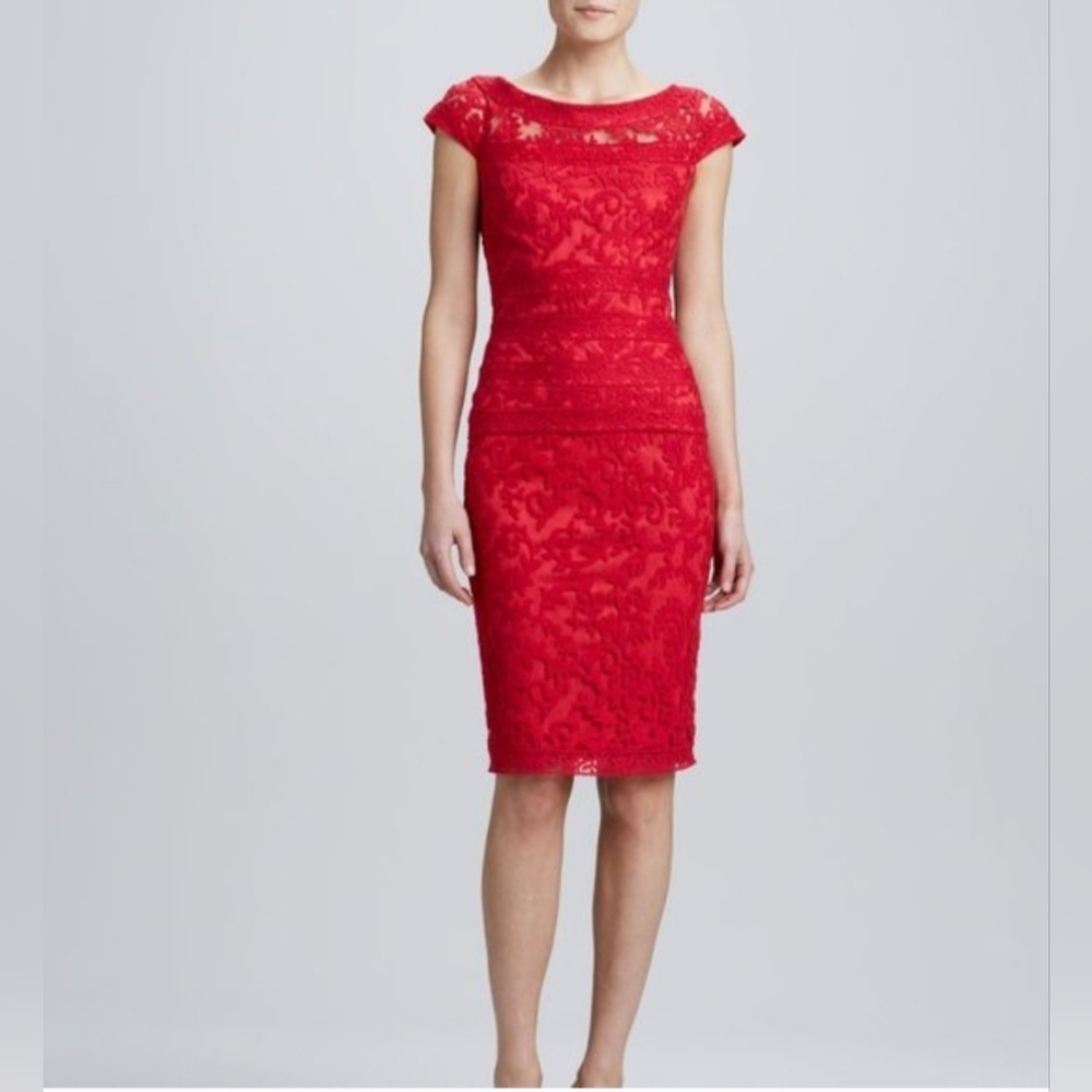 Tadashi Shoji Red Lace Sheath Dress Size 14 Cocktail Wedding Formal